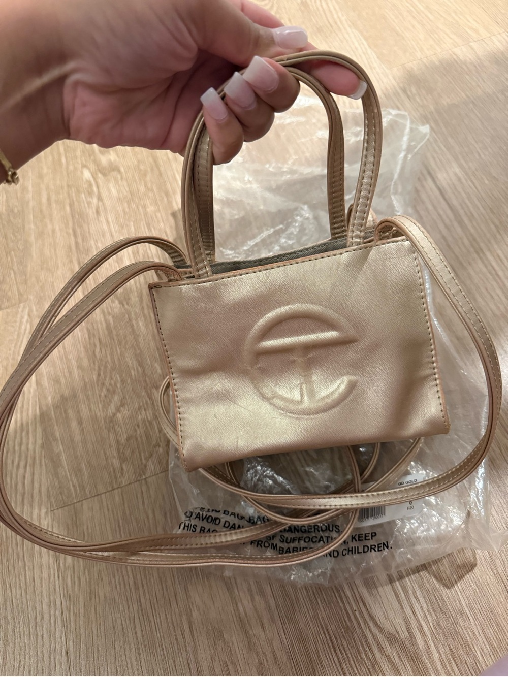 Telfar Mini Tote in Light Gold/Beige with Embossed Logo